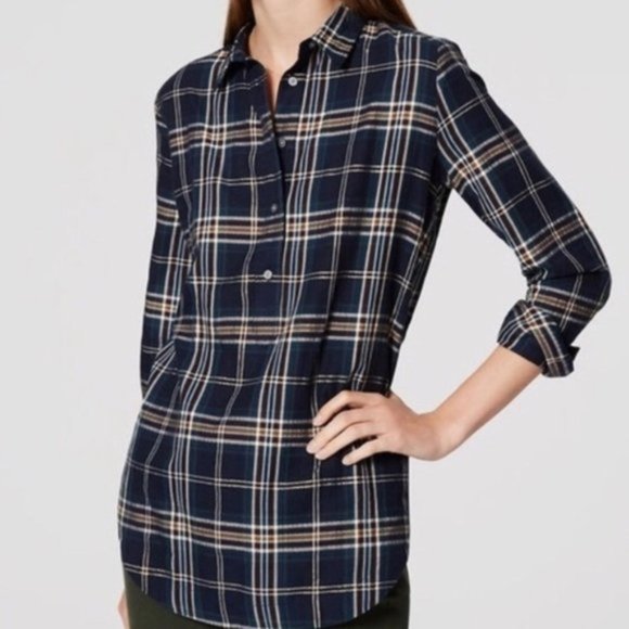 LOFT Tops - LOFT Softened Shirt in Navy & Gold Plaid, Petite